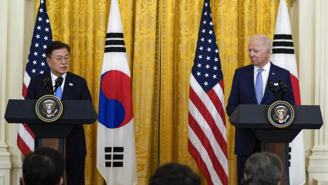 FILE - In this May 21, 2021, file photo, U.S. President Joe Biden listens as South Korean President Moon Jae-in speaks during a joint news conference in the East Room of the White House in Washington. State media say North Korean leader Kim Jong Un vowed to launch an “uncompromising struggle” against anti-socialist elements and build a perfect self-supporting economy. Kim's comments released Thursday, May 27, 2021 come as he seeks greater internal strength to overcome pandemic-related difficulties and U.S.-led sanctions. (AP Photo/Alex Brandon, File)