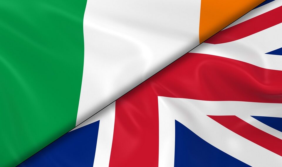 Flags of Ireland and the United Kingdom Divided Diagonally - 3D Render of the Irish Flag and UK Flag with Silky Texture