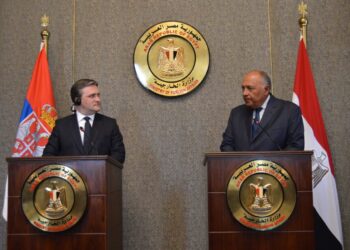 Le ministre serbe des A.E. lors d’une conférence de presse au Caire :