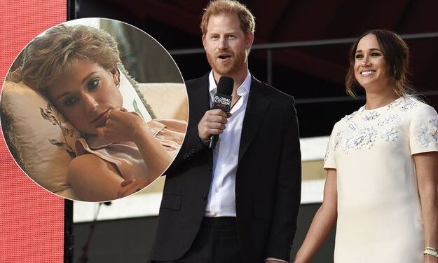 Prince Harry, the Duke of Sussex, left, and Meghan, the Duchess of Sussex speak at Global Citizen Live in Central Park on Saturday, Sept. 25, 2021, in New York. (Photo by Evan Agostini/Invision/AP)/INVW/21269628434519/092521127293, 21334631,/2109261935