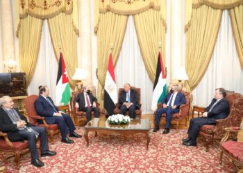 Choucri et Kamel reçoivent les participants à la réunion ministérielle d’Égypte, de Jordanie et de Palestine