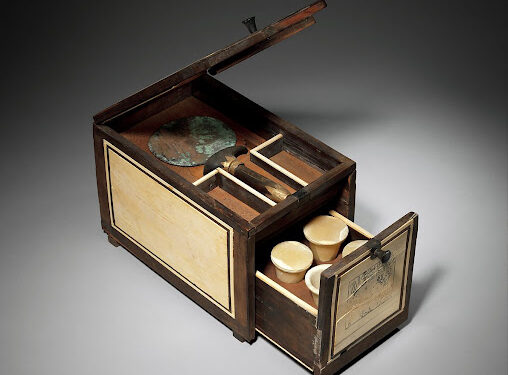 Cosmetic Box of the Cupbearer Kemeni, ca. 1814–1805 B.C.Egyptian; Thebes, Lower Asasif, Birabi, Middle KingdomCedar, with ebony and ivory veneer and silver mounting; l. 28.5 cm (11 1/4 in); w. 17.7 cm (6 15/16 in); h. 20.3 cm (8 in)The Metropolitan Museum of Art, New York, Purchase, Edward S. Harkness Gift, 1926 (26.7.1438)http://www.metmuseum.org/Collections/search-the-collections/543955