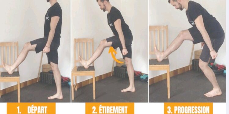 Étirement de l’arrière de la cuisse debout, avec chaise 2 - Le Progrès Egyptien Étirement de l’arrière de la cuisse debout, avec chaise 1 - Le Progrès Egyptien