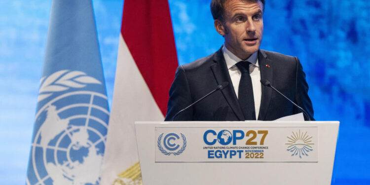French President Emmanuel Macron speaks at the COP27 U.N. Climate Summit, Monday, Nov. 7, 2022, in Sharm el-Sheikh, Egypt. (AP Photo/Nariman El-Mofty)