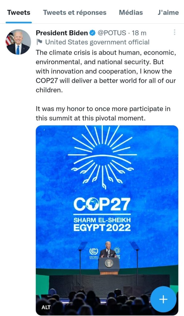 Biden sur Twitter : La COP-27 va permettre un meilleur monde à nos enfants 3 - Le Progrès Egyptien