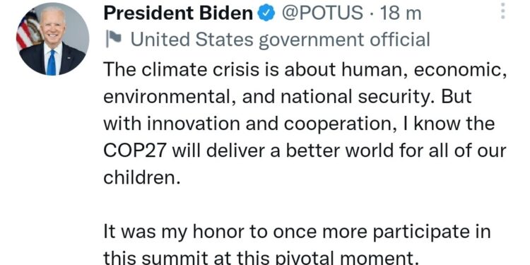 Biden sur Twitter : La COP-27 va permettre un meilleur monde à nos enfants 1 - Le Progrès Egyptien