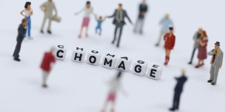 ILLUSTRATION ECONOMIE , ARGENT , CHOMAGE / DES PERSONNAGES AUTOUR DU MOT CHOMAGE