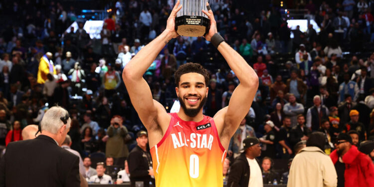 SALT LAKE CITY, UTAH - FEBRUARY 19: Jayson Tatum #0 of the Boston Celtics holds The Kobe Bryant MVP Trophy after the 2023 NBA All Star Game between Team Giannis and Team LeBron at Vivint Arena on February 19, 2023 in Salt Lake City, Utah. NOTE TO USER: User expressly acknowledges and agrees that, by downloading and or using this photograph, User is consenting to the terms and conditions of the Getty Images License Agreement. (Photo by Tim Nwachukwu/Getty Images)