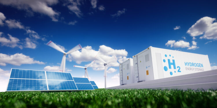 Ecology energy solution. Power to gas concept. Hydrogen energy storage with renewable energy sources - photovoltaic and wind turbine power plant in a fresh nature. 3d rendering.