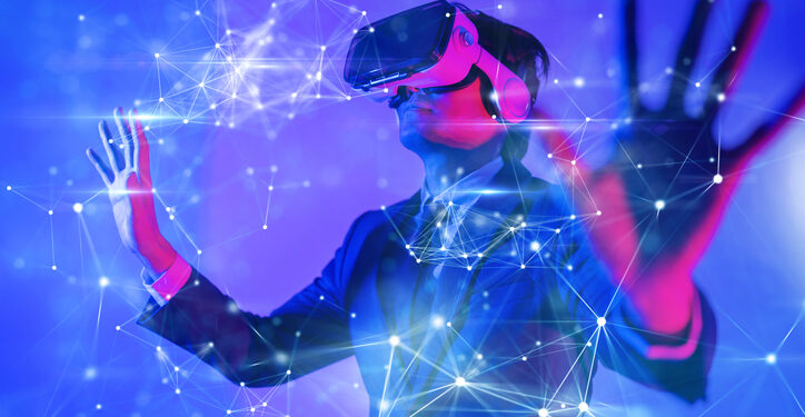 Metaverse digital cyber world technology, man with virtual reality VR goggle playing AR augmented reality game and entertainment, futuristic lifestyle
