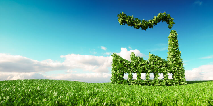 Le vert en vogue 1 - Le Progrès Egyptien Eco friendly industry concept. 3d rendering of green factory icon on fresh spring meadow with blue sky in background.