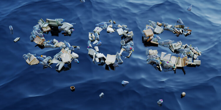 Pollution plastique : L'ICESCO appelle à trouver des solutions durables 1 - Le Progrès Egyptien SOS word made up of plastic waste on water surface. Plastic pollution concept. 3D illustration