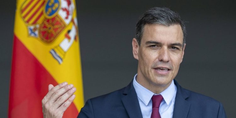 Spain's Prime Minister Pedro Sanchez answers questions during a meeting with the press at the Siauliai military air force base some 220 kms (136,7 miles) east of the capital Vilnius, Lithuania, Thursday, July 8, 2021. (AP Photo/Mindaugas Kulbis)/XMK120/21189396511820//2107081308
