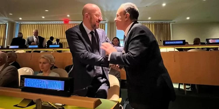 Rencontre entre le ministre des A E et le président du Conseil UE et la présidente de la Commission UE 1 - Le Progrès Egyptien