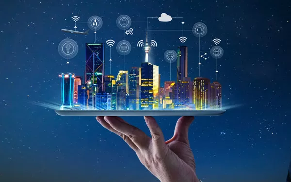 Waiter hand holding an empty digital tablet with Smart city with smart services and icons, internet of things, networks and augmented reality concept , night scene .