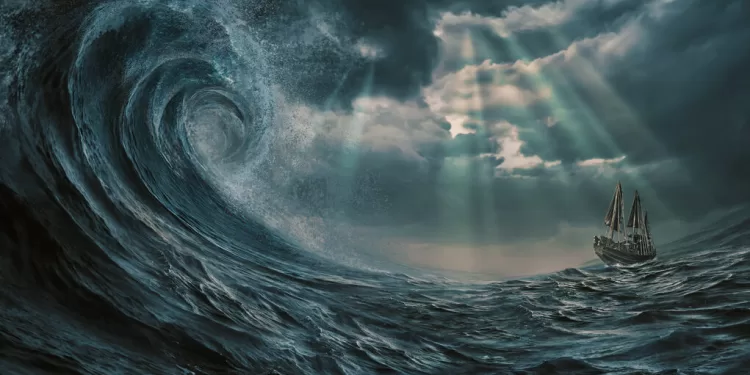 illustration of the ship in the storm, gigantic waves