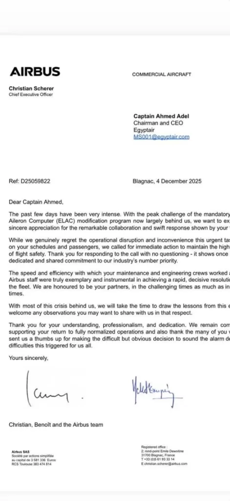 Lettre du PDG d'Airbus au pilote Ahmed Adel: Nous sommes heureux d'être vos partenaires 5 - Le Progrès Egyptien