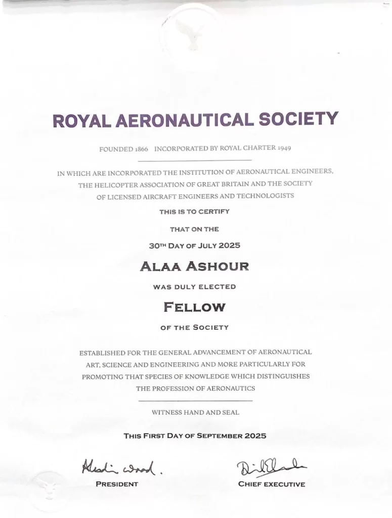 Dr Alaa Achour admis au rang de Fellow de la Société royale britannique d’aéronautique 6 - Le Progrès Egyptien Dr Alaa Achour admis au rang de Fellow de la Société royale britannique d’aéronautique 5 - Le Progrès Egyptien